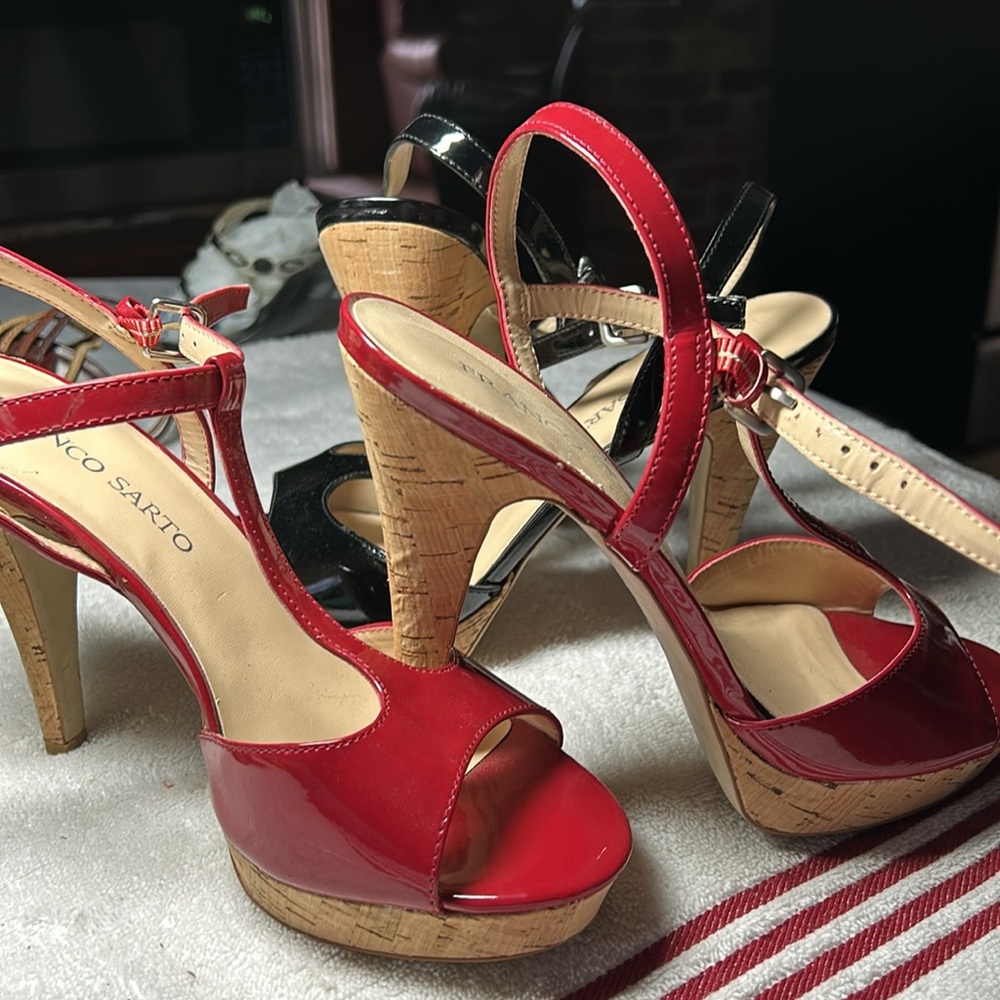A 2 pair $40ladies high heels red & Blk with cork platforms & very high heel.